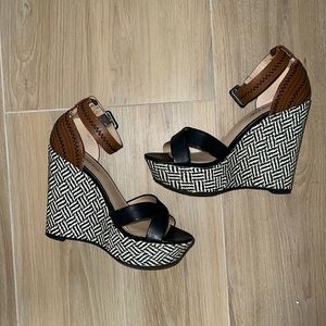 Black brown and white woven platform sandal